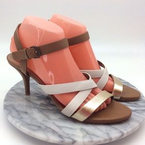Lanvin White and Gold Leather Crossover Strap Heeled Sandals